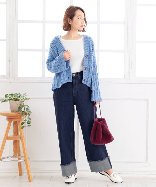 KOBE LETTUCE(コウベレタス)の「ターンバックヘムハイウエストワイドデニムパンツ(デニムパンツ・レディース・ライトブルー/インディゴブルー/ブルー・FREE)」の2枚目の写真