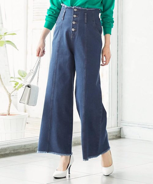 KOBE LETTUCE（コウベレタス）の「フロントボタン×カットオフデザインハイウエストワイドパンツ（その他パンツ・レディース・ライトブルー/ブルー/ベージュ・FREE）」の3枚目の写真