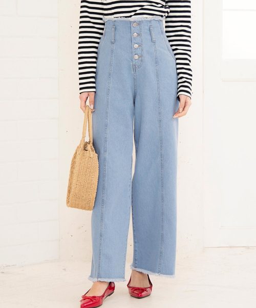 KOBE LETTUCE（コウベレタス）の「フロントボタン×カットオフデザインハイウエストワイドパンツ（その他パンツ・レディース・ライトブルー/ブルー/ベージュ・FREE）」の2枚目の写真