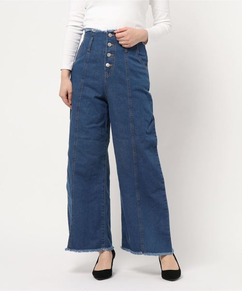 KOBE LETTUCE（コウベレタス）の「フロントボタン×カットオフデザインハイウエストワイドパンツ（その他パンツ・レディース・ライトブルー/ブルー/ベージュ・FREE）」の6枚目の写真