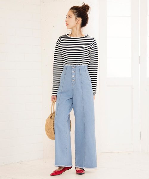 KOBE LETTUCE（コウベレタス）の「フロントボタン×カットオフデザインハイウエストワイドパンツ（その他パンツ・レディース・ライトブルー/ブルー/ベージュ・FREE）」の11枚目の写真