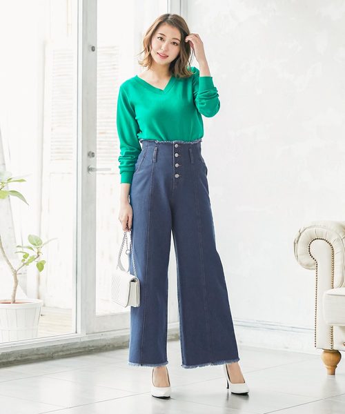 KOBE LETTUCE（コウベレタス）の「フロントボタン×カットオフデザインハイウエストワイドパンツ（その他パンツ・レディース・ライトブルー/ブルー/ベージュ・FREE）」の12枚目の写真