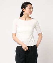 リブ素材5分袖ベーシックトップス