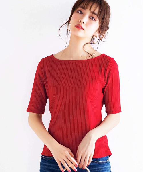 GeeRA(ジーラ)の「リブ素材5分袖ベーシックトップス(Tシャツ/カットソー・レディース・ホワイト/ブラック/カーキブラウン/レッド/その他・MEDIUM/LARGE/SMALL/X-LARGE)」の5枚目の写真