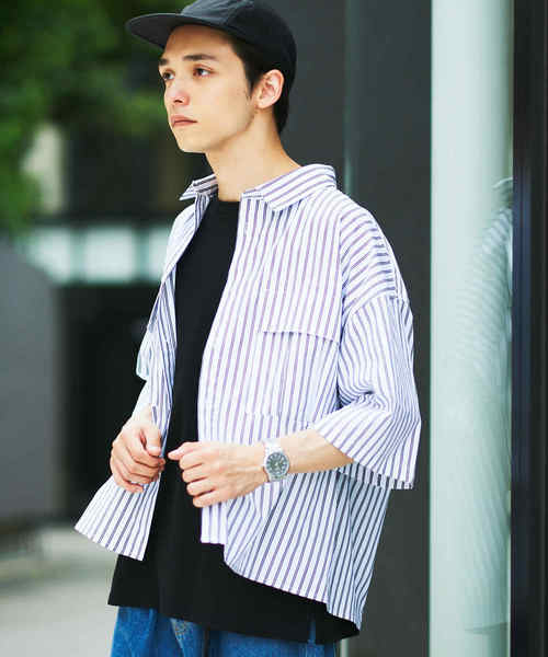 WEGO（ウィゴー）の「WEGO/ストライプ半袖ワークポプリンシャツ（シャツ/ブラウス・メンズ・ホワイト/ベージュ/ブルー・MEDIUM/LARGE）」の2枚目の写真