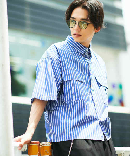 WEGO（ウィゴー）の「WEGO/ストライプ半袖ワークポプリンシャツ（シャツ/ブラウス・メンズ・ホワイト/ベージュ/ブルー・MEDIUM/LARGE）」の3枚目の写真