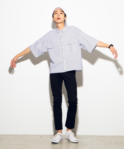 WEGO（ウィゴー）の「WEGO/ストライプ半袖ワークポプリンシャツ（シャツ/ブラウス・メンズ・ホワイト/ベージュ/ブルー・MEDIUM/LARGE）」の4枚目の写真