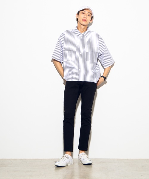 WEGO（ウィゴー）の「WEGO/ストライプ半袖ワークポプリンシャツ（シャツ/ブラウス・メンズ・ホワイト/ベージュ/ブルー・MEDIUM/LARGE）」の5枚目の写真