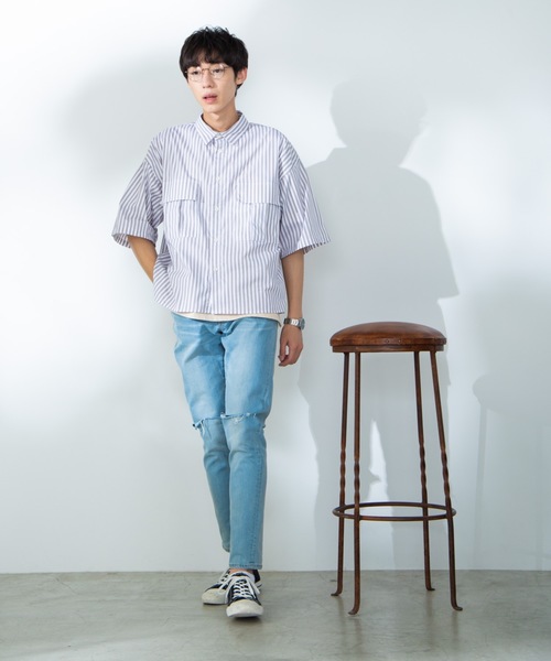 WEGO（ウィゴー）の「WEGO/ストライプ半袖ワークポプリンシャツ（シャツ/ブラウス・メンズ・ホワイト/ベージュ/ブルー・MEDIUM/LARGE）」の7枚目の写真