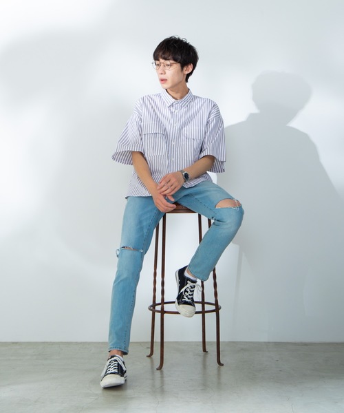 WEGO（ウィゴー）の「WEGO/ストライプ半袖ワークポプリンシャツ（シャツ/ブラウス・メンズ・ホワイト/ベージュ/ブルー・MEDIUM/LARGE）」の8枚目の写真