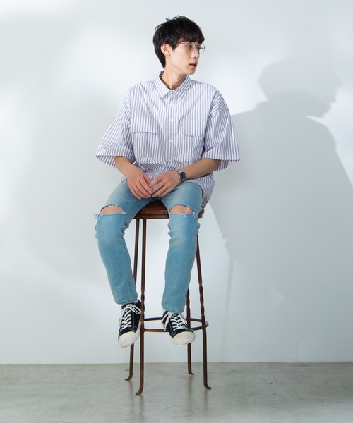 WEGO（ウィゴー）の「WEGO/ストライプ半袖ワークポプリンシャツ（シャツ/ブラウス・メンズ・ホワイト/ベージュ/ブルー・MEDIUM/LARGE）」の9枚目の写真