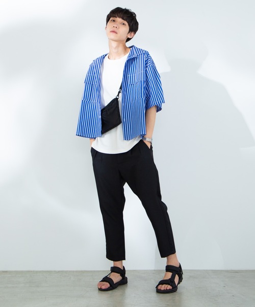 WEGO（ウィゴー）の「WEGO/ストライプ半袖ワークポプリンシャツ（シャツ/ブラウス・メンズ・ホワイト/ベージュ/ブルー・MEDIUM/LARGE）」の12枚目の写真