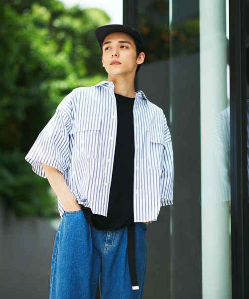 WEGO（ウィゴー）の「WEGO/ストライプ半袖ワークポプリンシャツ（シャツ/ブラウス・メンズ・ホワイト/ベージュ/ブルー・MEDIUM/LARGE）」の18枚目の写真