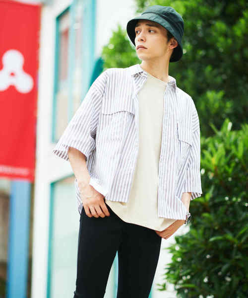 WEGO（ウィゴー）の「WEGO/ストライプ半袖ワークポプリンシャツ（シャツ/ブラウス・メンズ・ホワイト/ベージュ/ブルー・MEDIUM/LARGE）」の15枚目の写真