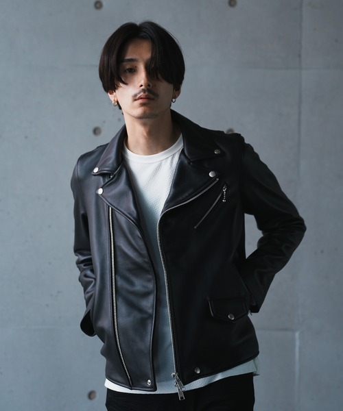 あちゃちゅむ★ダブル ライダースジャケット★山羊革 裏地猫柄 あちゃちゅむ☆ダブル ライダースジャケット☆山羊革 裏地猫柄