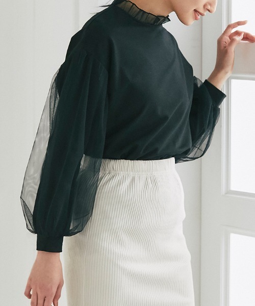 Cookie Chocolate（クッキーチョコレート）の「袖チュールトップス（Tシャツ/カットソー・レディース・ブラック/ベージュ・M）」の2枚目の写真