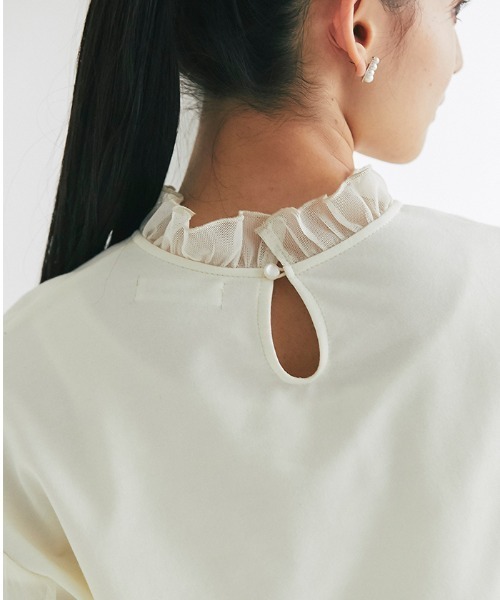 Cookie Chocolate（クッキーチョコレート）の「袖チュールトップス（Tシャツ/カットソー・レディース・ブラック/ベージュ・M）」の3枚目の写真