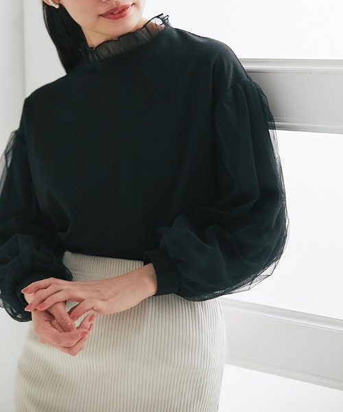 Cookie Chocolate（クッキーチョコレート）の「袖チュールトップス（Tシャツ/カットソー・レディース・ブラック/ベージュ・M）」の5枚目の写真