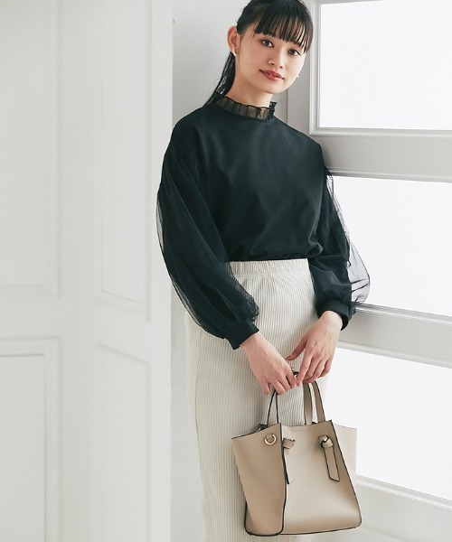 Cookie Chocolate（クッキーチョコレート）の「袖チュールトップス（Tシャツ/カットソー・レディース・ブラック/ベージュ・M）」の12枚目の写真