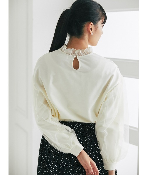 Cookie Chocolate（クッキーチョコレート）の「袖チュールトップス（Tシャツ/カットソー・レディース・ブラック/ベージュ・M）」の4枚目の写真