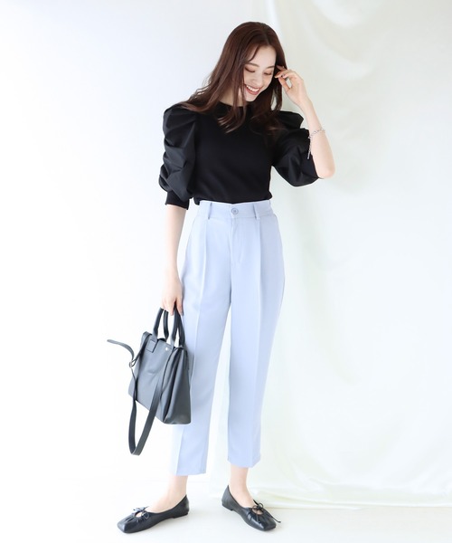 BLUEEAST（ブルーイースト）の「センタープレスタック入りテーパードパンツ（スラックス・レディース・オフホワイト/ベージュ/ブラック/サックスブルー/ピンク/モカ/オレンジ/チャコールグレー・MEDIUM/SMALL/LARGE）」の21枚目の写真