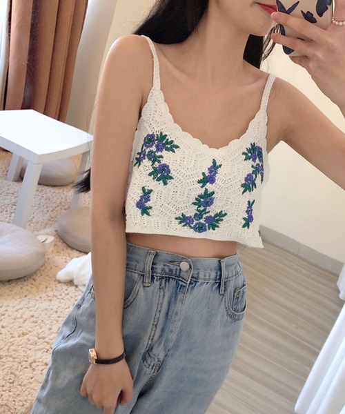 セール】かぎ針編み花刺繍レースビスチェ（ベスト）｜me+em select