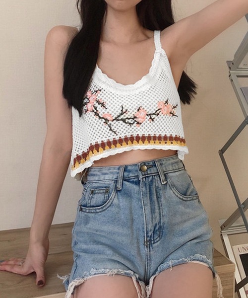 セール】かぎ針編み花刺繍レースビスチェ（ベスト）｜me+em select