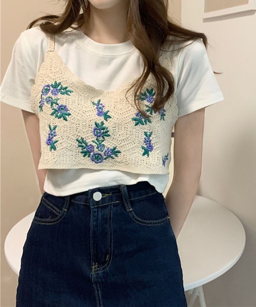 セール】かぎ針編み花刺繍レースビスチェ（ベスト）｜me+em