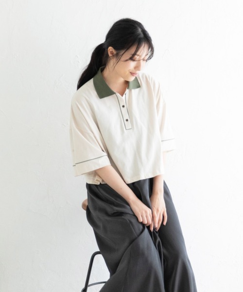 Mysa&Liina（ミーサリーナ）の「パイピング衿配色ショートポロシャツ（Tシャツ/カットソー・レディース・キナリ/チャコールグレー・M）」の2枚目の写真