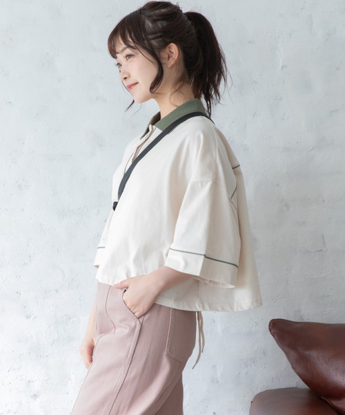 Mysa&Liina（ミーサリーナ）の「パイピング衿配色ショートポロシャツ（Tシャツ/カットソー・レディース・キナリ/チャコールグレー・M）」の4枚目の写真