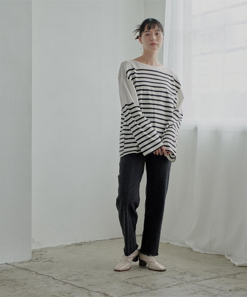 miette（ミエット）の「ﾎﾞﾀﾝｽﾘｰﾌﾞﾎﾞｰﾀﾞｰﾛﾝT（Tシャツ/カットソー・レディース・ブラック×ホワイト・FREE）」の13枚目の写真