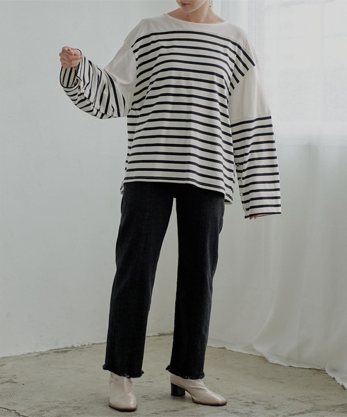 miette（ミエット）の「ﾎﾞﾀﾝｽﾘｰﾌﾞﾎﾞｰﾀﾞｰﾛﾝT（Tシャツ/カットソー・レディース・ブラック×ホワイト・FREE）」の15枚目の写真