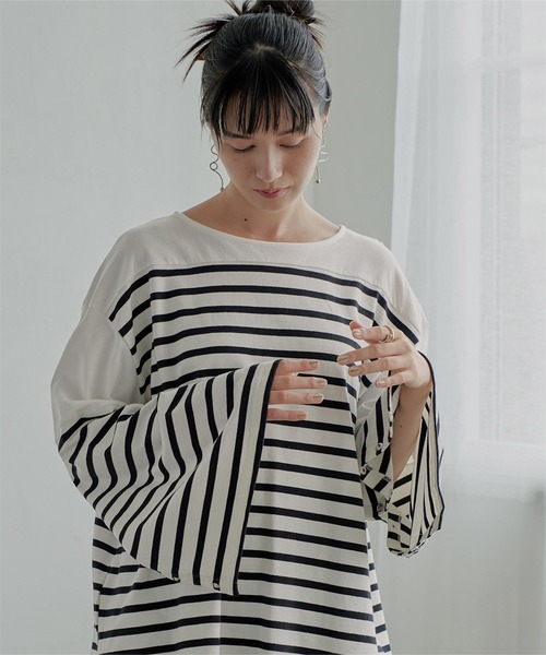 miette（ミエット）の「ﾎﾞﾀﾝｽﾘｰﾌﾞﾎﾞｰﾀﾞｰﾛﾝT（Tシャツ/カットソー・レディース・ブラック×ホワイト・FREE）」の9枚目の写真