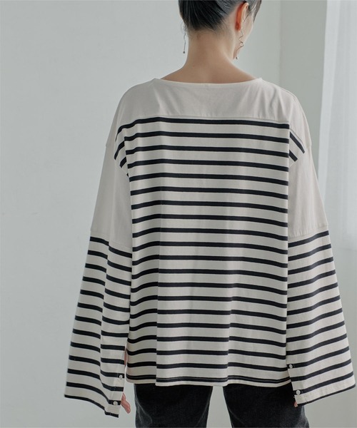 miette（ミエット）の「ﾎﾞﾀﾝｽﾘｰﾌﾞﾎﾞｰﾀﾞｰﾛﾝT（Tシャツ/カットソー・レディース・ブラック×ホワイト・FREE）」の14枚目の写真