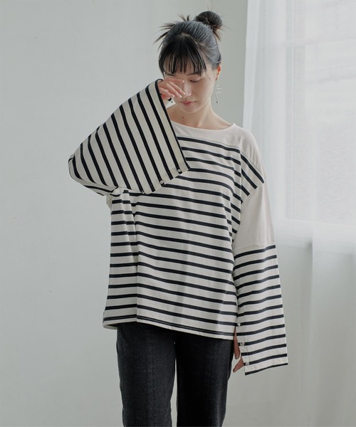 miette（ミエット）の「ﾎﾞﾀﾝｽﾘｰﾌﾞﾎﾞｰﾀﾞｰﾛﾝT（Tシャツ/カットソー