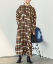【WEB限定/別注】微起毛 チェック スタンドネック シャツワンピース