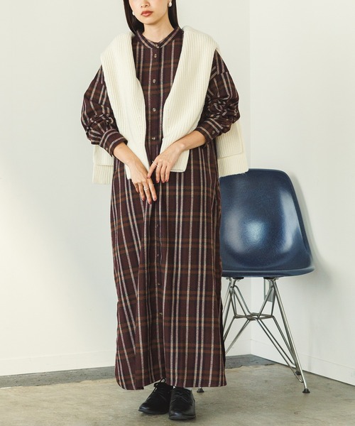 hunch(ハンチ)の「【WEB限定/別注】微起毛 チェック スタンドネック シャツワンピース(シャツワンピース・レディース・ベージュ/ブラウン/イエロー・FREE)」の2枚目の写真