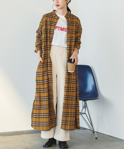 hunch(ハンチ)の「【WEB限定/別注】微起毛 チェック スタンドネック シャツワンピース(シャツワンピース・レディース・ベージュ/ブラウン/イエロー・FREE)」の3枚目の写真