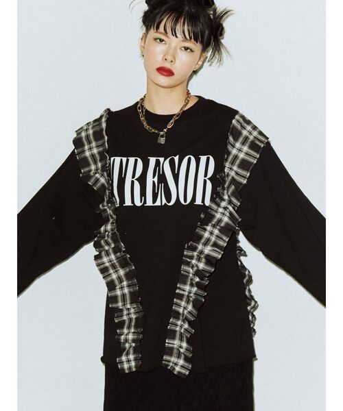 jouetie（ジュエティ）の「リメイクチェックチュニック（Tシャツ/カットソー・レディース・ブラック/ベージュ・MEDIUM）」の4枚目の写真