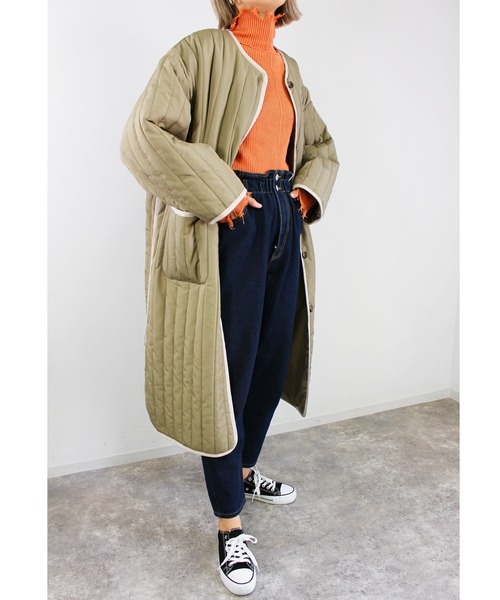 MLI'A(エムリア)の「ロングキルティングアウター/コート(ブルゾン・レディース・アイボリー/カーキ/ベージュ・M)」の1枚目の写真