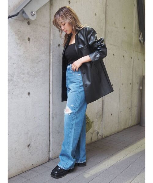 EVRIS（エヴリス）の「レザーライクステッチジャケット（テーラードジャケット・レディース・アイボリー/イエロー/ブラック・FREE）」の5枚目の写真