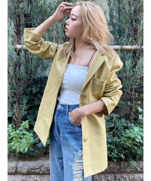 EVRIS（エヴリス）の「レザーライクステッチジャケット（テーラードジャケット・レディース・アイボリー/イエロー/ブラック・FREE）」の14枚目の写真