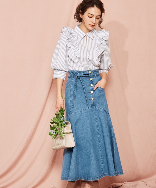 NOELA（ノエラ）の「フレア切替ハイウストスカート（スカート・レディース・オフホワイト/ダークインディゴブルー/ライトインディゴブルー・M/S）」の8枚目の写真