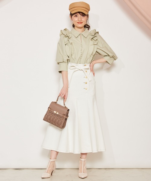 NOELA（ノエラ）の「フレア切替ハイウストスカート（スカート・レディース・オフホワイト/ダークインディゴブルー/ライトインディゴブルー・M/S）」の9枚目の写真