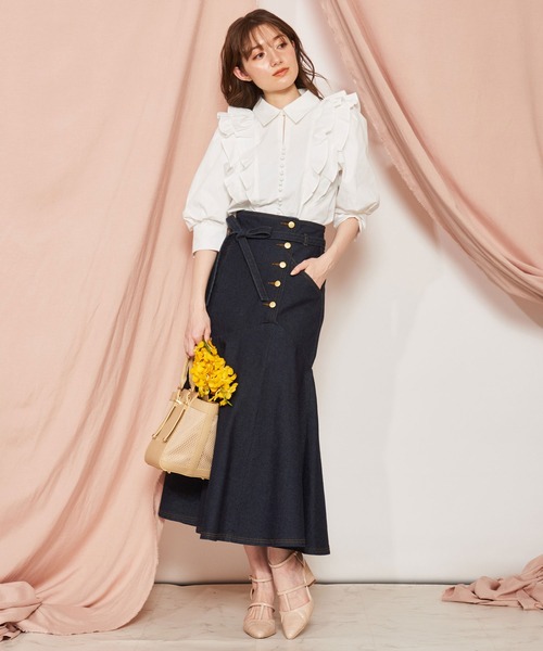 NOELA（ノエラ）の「フレア切替ハイウストスカート（スカート・レディース・オフホワイト/ダークインディゴブルー/ライトインディゴブルー・M/S）」の20枚目の写真