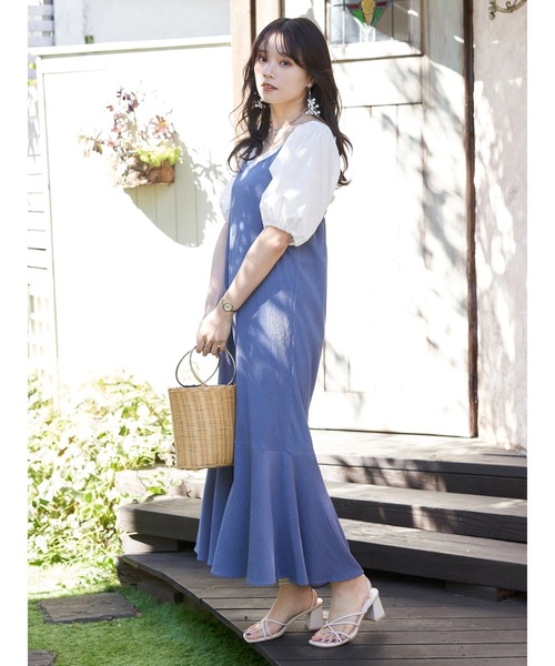 earth music&ecology（アースミュージックアンドエコロジー）の「ＳＥＴ２点ショートブラウス＋キャミワンピース（ワンピース・レディース・ブルー/モカ/チェック・FREE）」の8枚目の写真