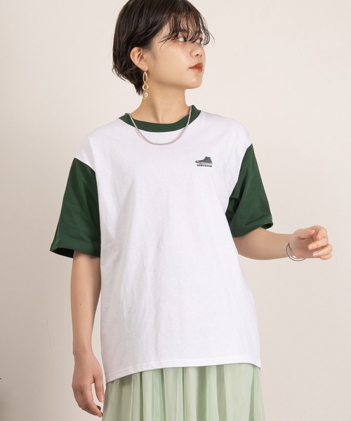 CONVERSE(コンバース)の「【CONVERSE/コンバース】ワンポイントシューズ刺繍リンガーTシャツ/袖配色/ラグランT/ユニセックス(Tシャツ/カットソー・レディース・グリーン/ホワイト/アッシュグレー/チャコールグレー・L/XL/M)」の1枚目の写真