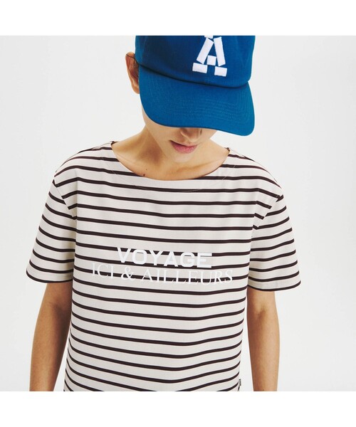 AIGLE(エーグル)の「吸水速乾 ボートネック ボーダー半袖Tシャツ(VOYAGE)(Tシャツ/カットソー・レディース・グレー/アイボリー・S/M/L)」の2枚目の写真