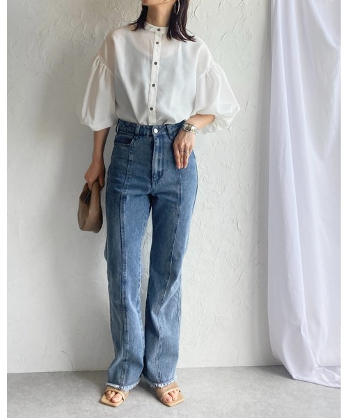 She's Closet（シーズクローゼット）の「リネンタッチバンドカラーボリュームスリーブショート丈半袖シャツ（シャツ/ブラウス・レディース・オフホワイト/ブラック/グレイッシュベージュ・FREE）」の5枚目の写真