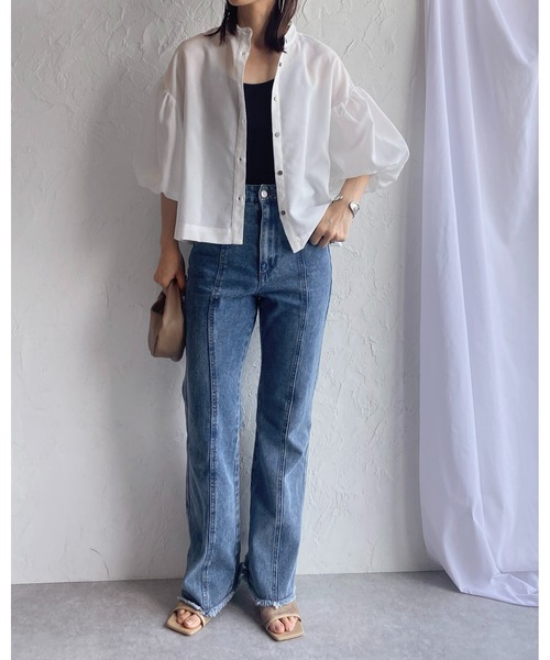 She's Closet（シーズクローゼット）の「リネンタッチバンドカラーボリュームスリーブショート丈半袖シャツ（シャツ/ブラウス・レディース・オフホワイト/ブラック/グレイッシュベージュ・FREE）」の20枚目の写真